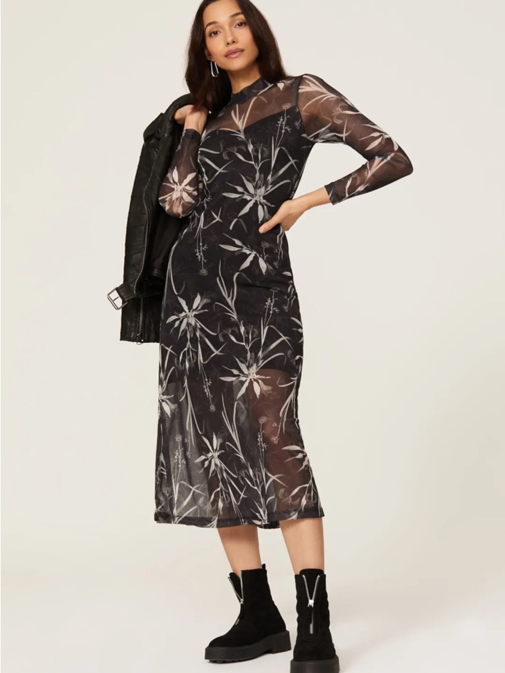 All Saints Hanna Rutland Sheer Floral Midi Dress in Black and White